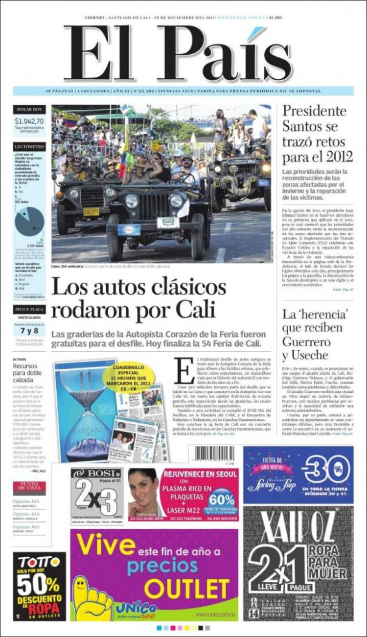 Periódico El País - Cali (Colombia). Periódicos de Colombia. Edición de