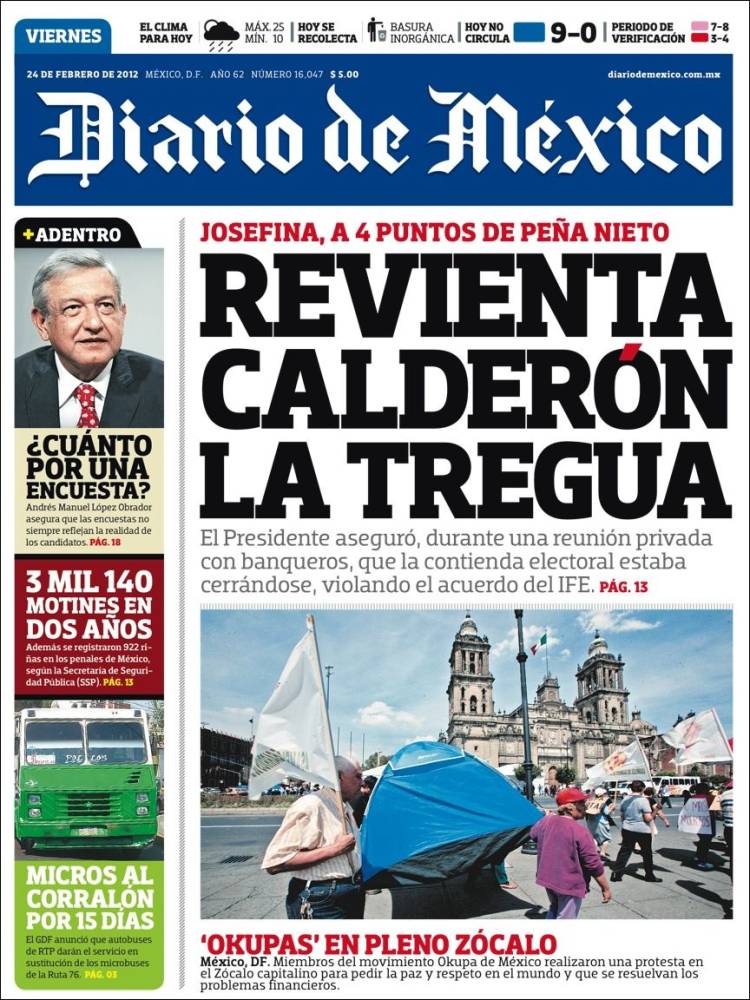 Periódico Diario de México (México). Periódicos de México. Edición de  viernes, 24 de febrero de 2012. 
