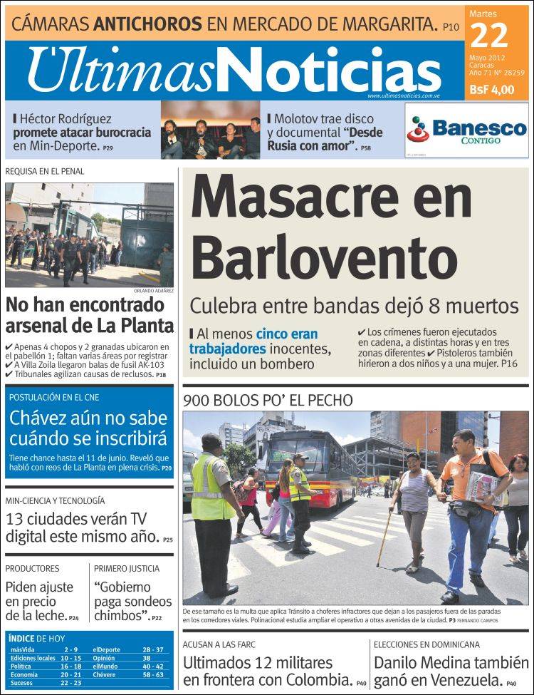 Newspaper Noticias (Venezuela). Newspapers in Venezuela. Tuesday's edition, May 22 of 2012. Kiosko.net