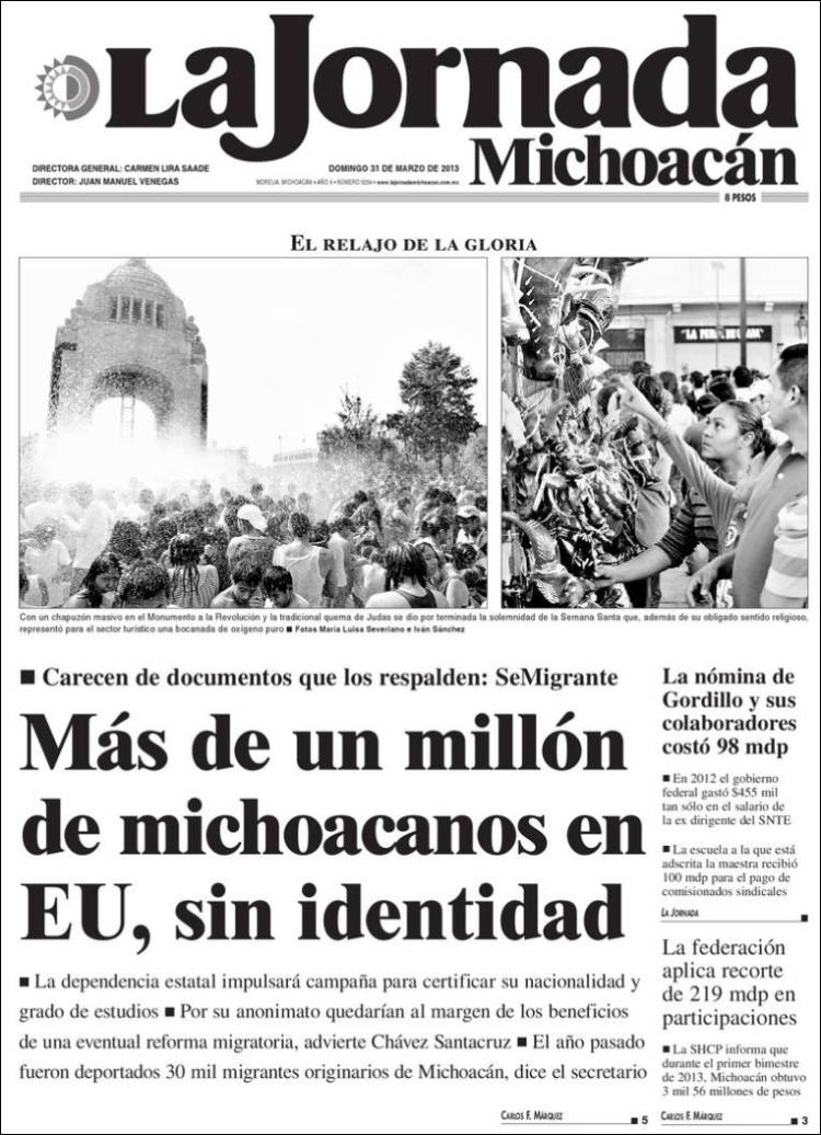 Portada de La Jornada de Michoacán (México)