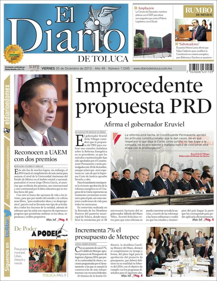 Portada de El Diario de Toluca (México)