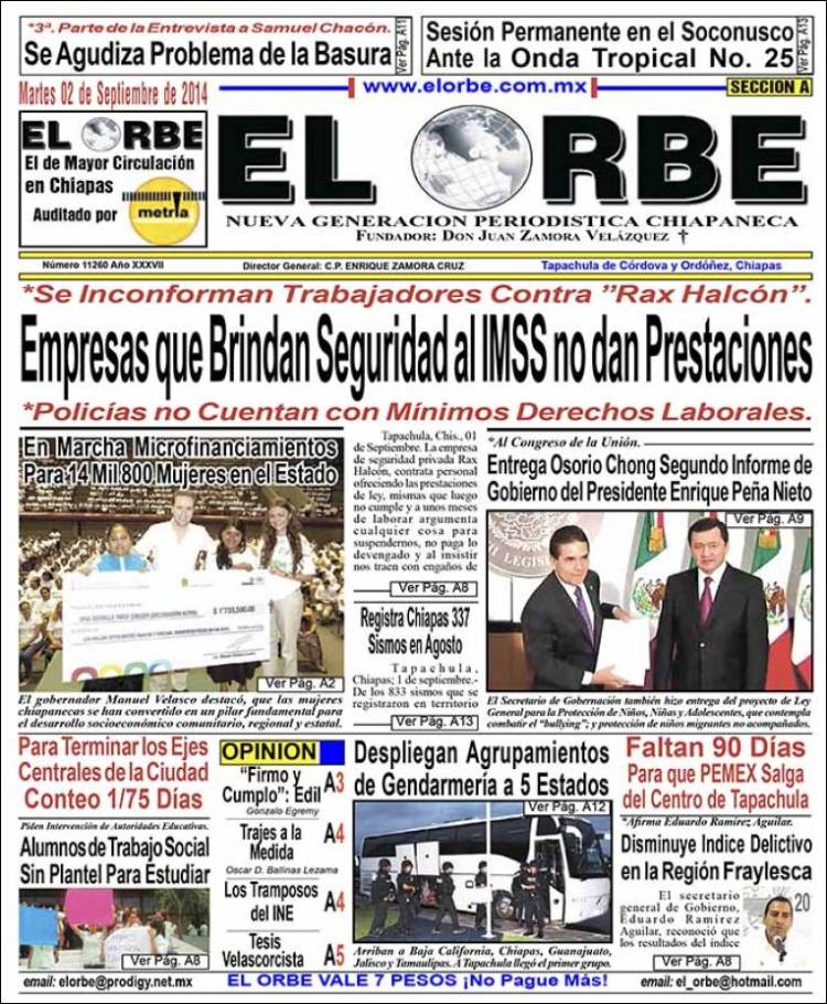 Periódico El Orbe (México). Periódicos de México. Edición de martes, 2 de  septiembre de 2014. 