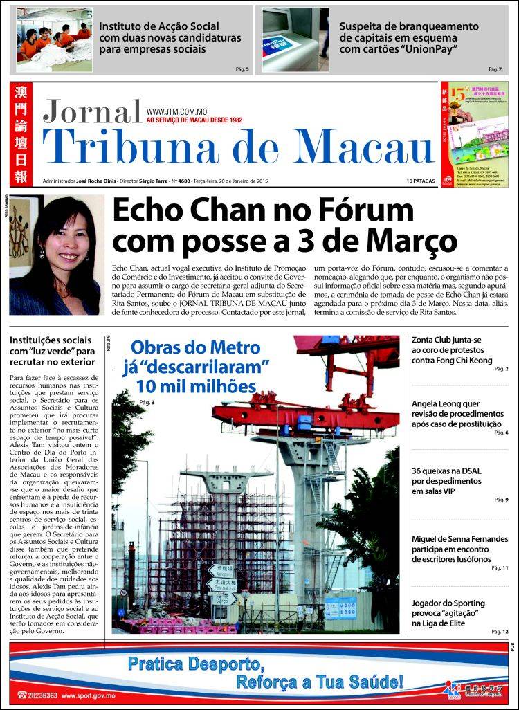 Portada de Jornal Tribuna de Macau (China)
