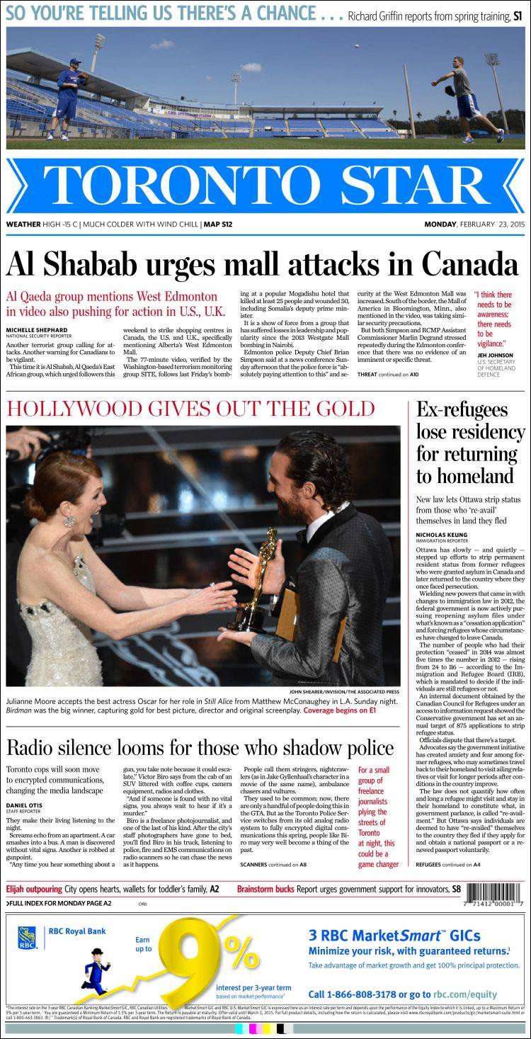 Portada de The Toronto Star (Canadá)
