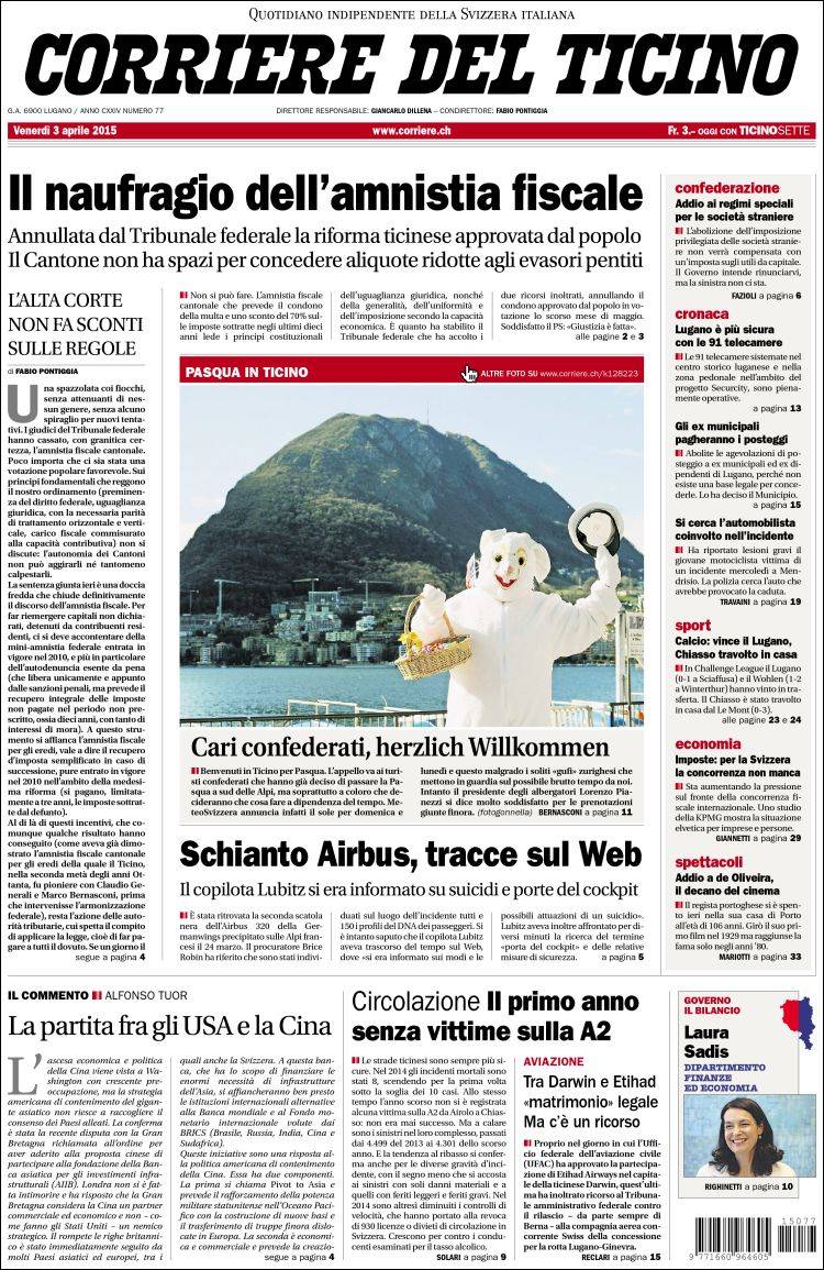 Portada de Corriere del Ticino (Suiza)