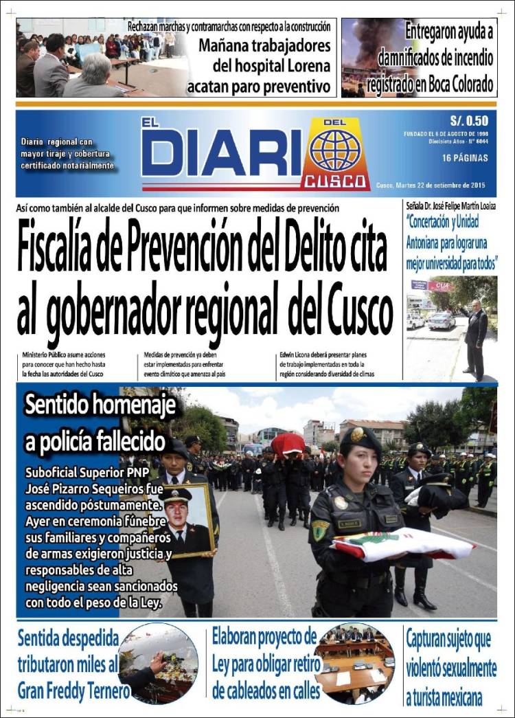 Portada de El Diario del Cusco (Pérou)