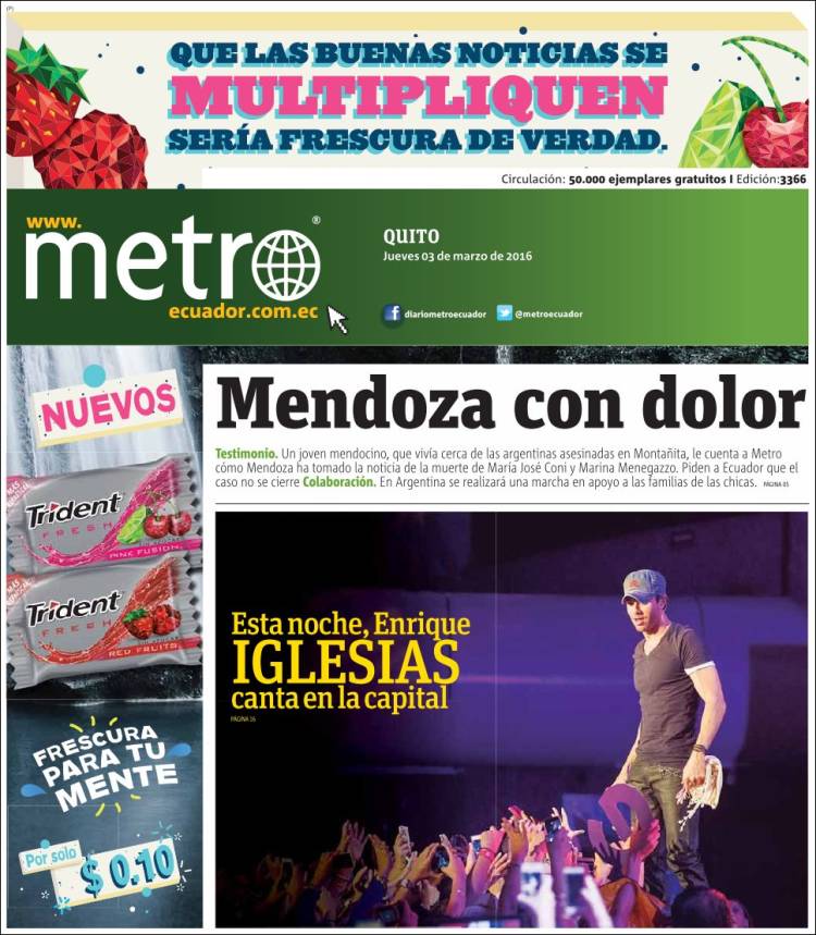 Periódico Metro Ecuador (Ecuador). Periódicos de Ecuador. Edición de  jueves, 3 de marzo de 2016. 
