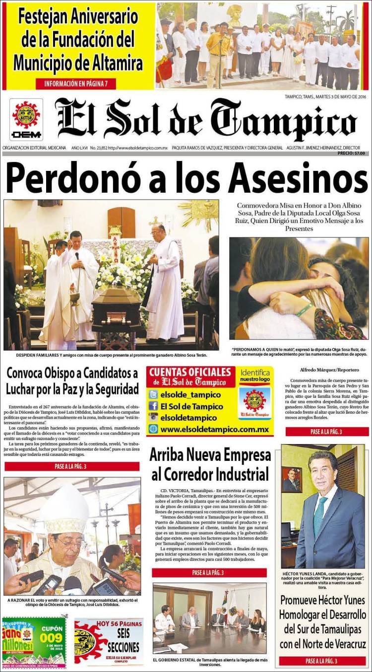 Newspaper El Sol de Tampico (Mexico). Newspapers in Mexico. Tuesday's  edition, May 3 of 2016. 