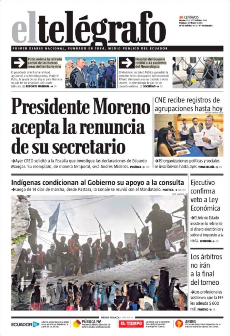 Newspaper El Telégrafo (Ecuador). Newspapers in Ecuador. Tuesday's edition,  December 12 of 2017. 