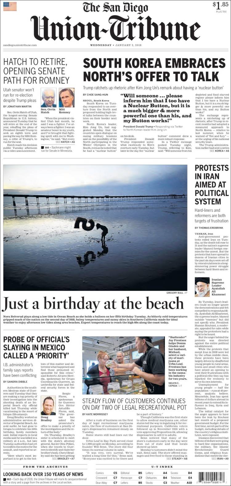 Portada de The San Diego Union-Tribune (États-Unis)