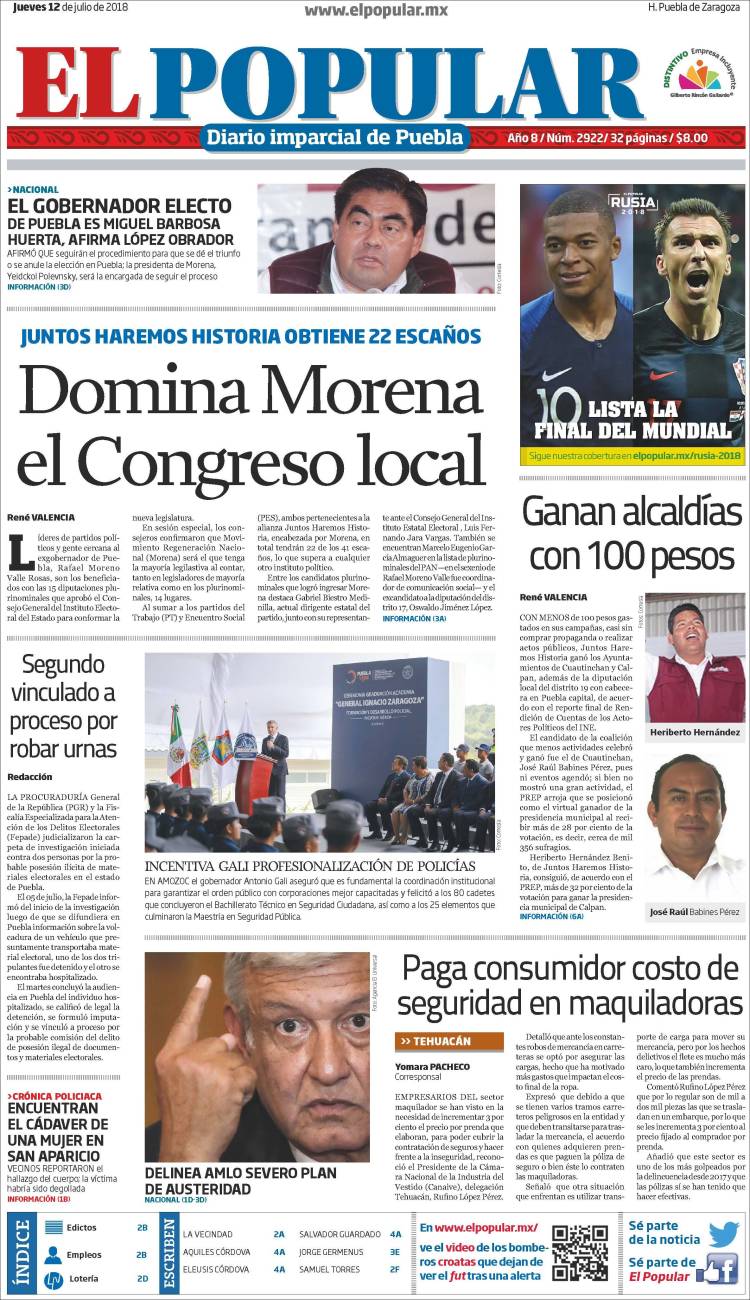 Portada de Periódico El Popular (Mexico)