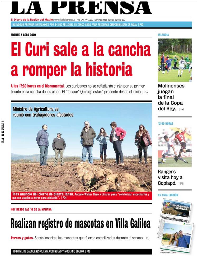 Periódico La Prensa (Chile). Periódicos de Chile. Edición de domingo, 29 de  julio de 2018. 