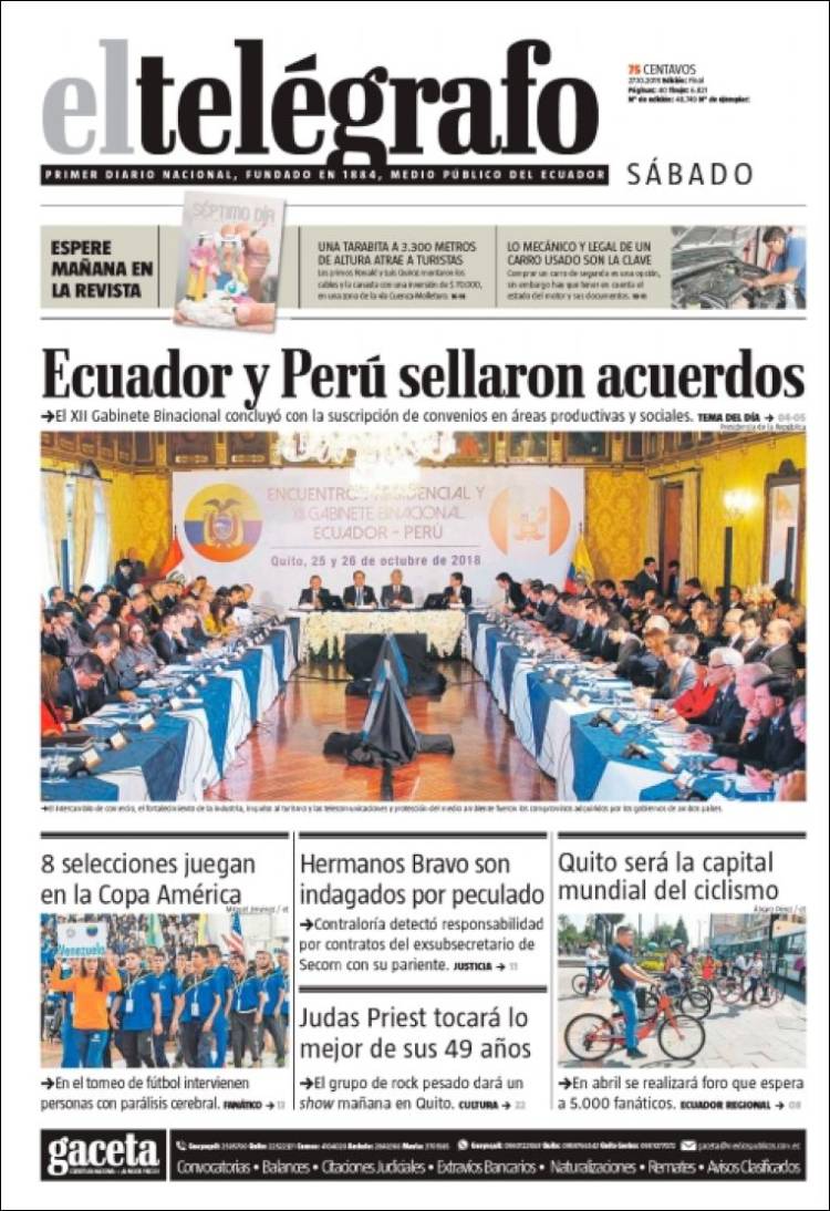 Periódico El Telégrafo Ecuador Periódicos De Ecuador Edición De Sábado 27 De Octubre De 