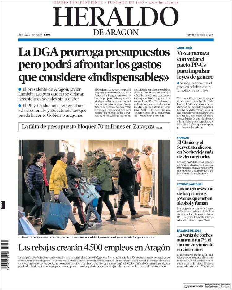 Portada de Heraldo de Aragón (España)