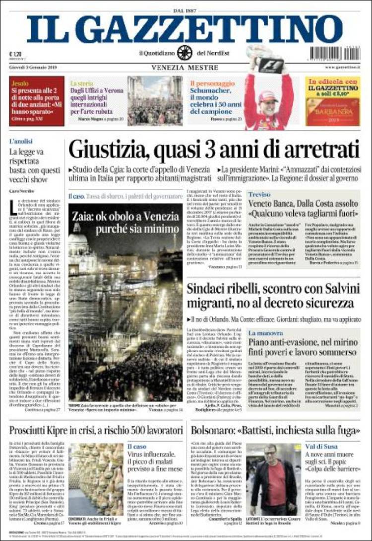 Portada de Il Gazzettino (Italia)