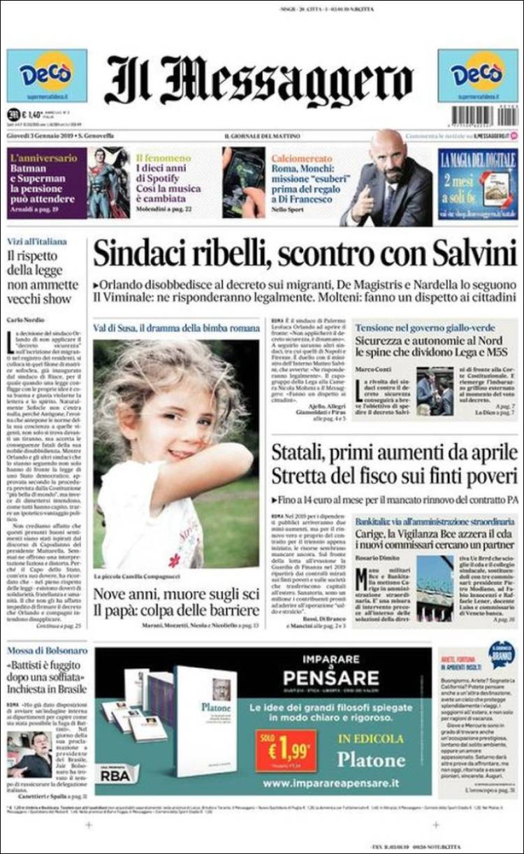 Portada de Il Messaggero (Italia)