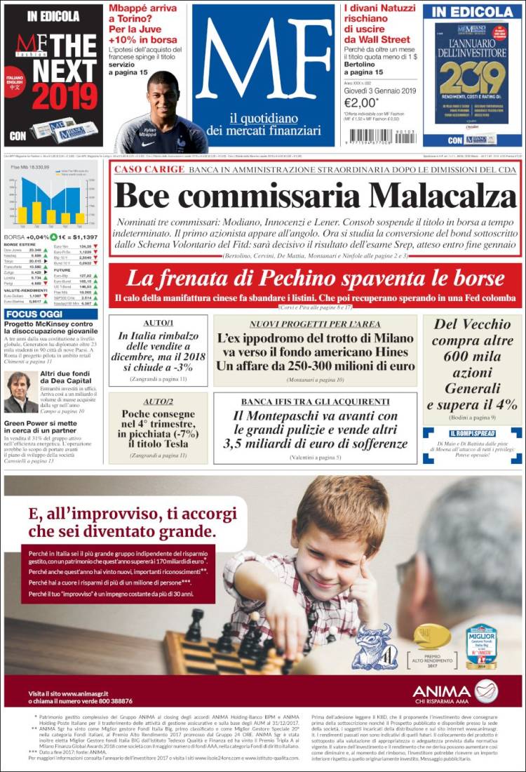 Portada de Milano Finanza (Italia)
