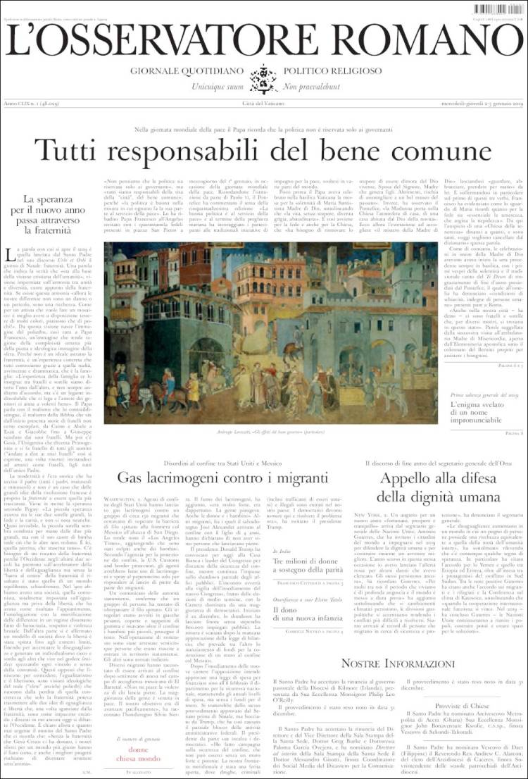 Portada de L'Osservatore Romano (Italia)