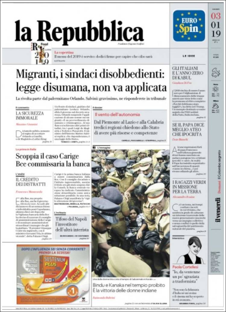 Portada de La Repubblica (Italia)