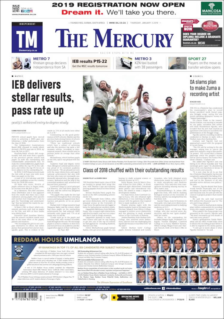 Portada de The Mercury (Sud&aacute;frica)