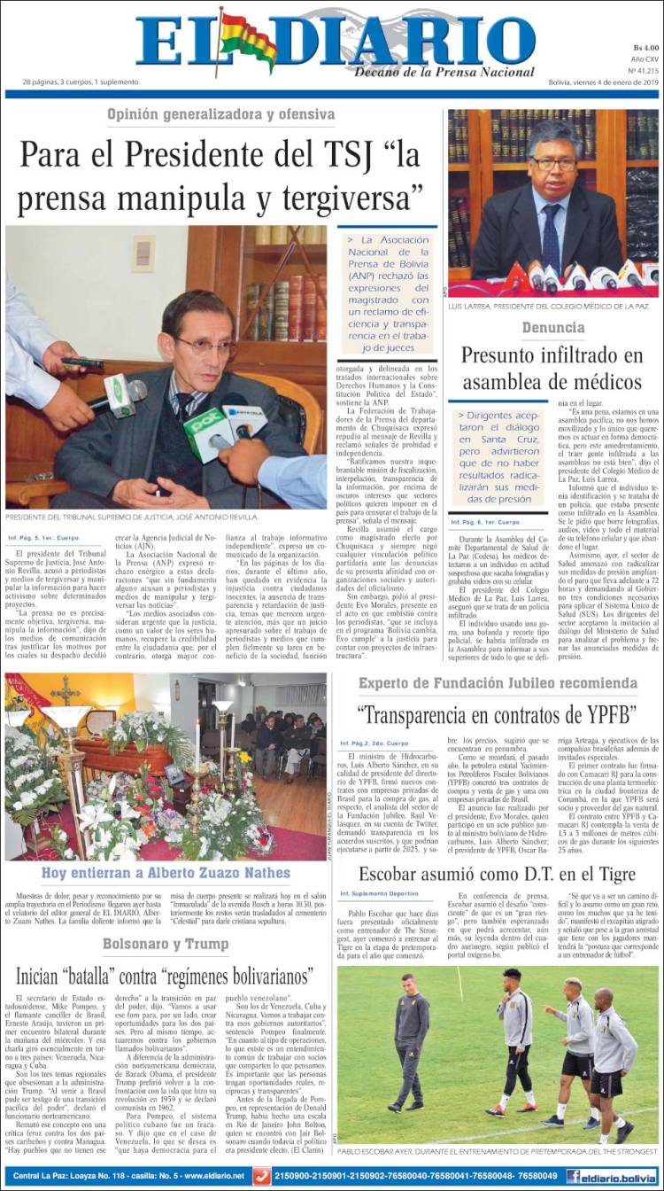 Portada de El Diario (Bolivia)