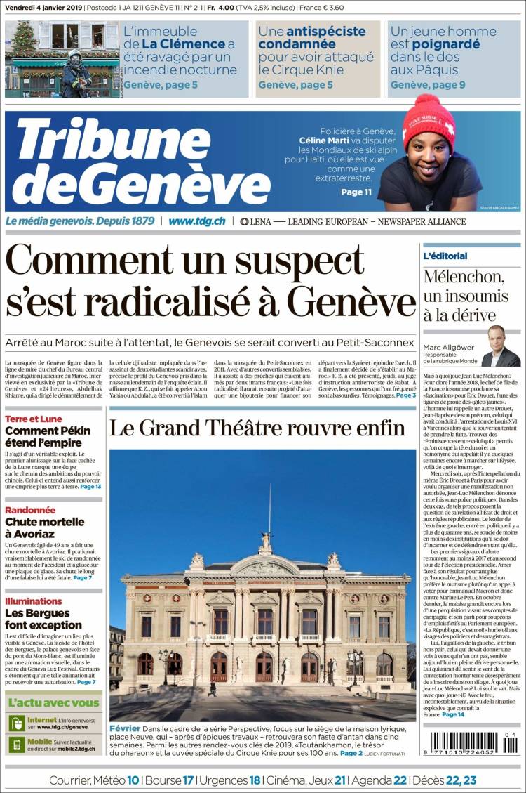 Portada de La Tribune de Genève (Suiza)