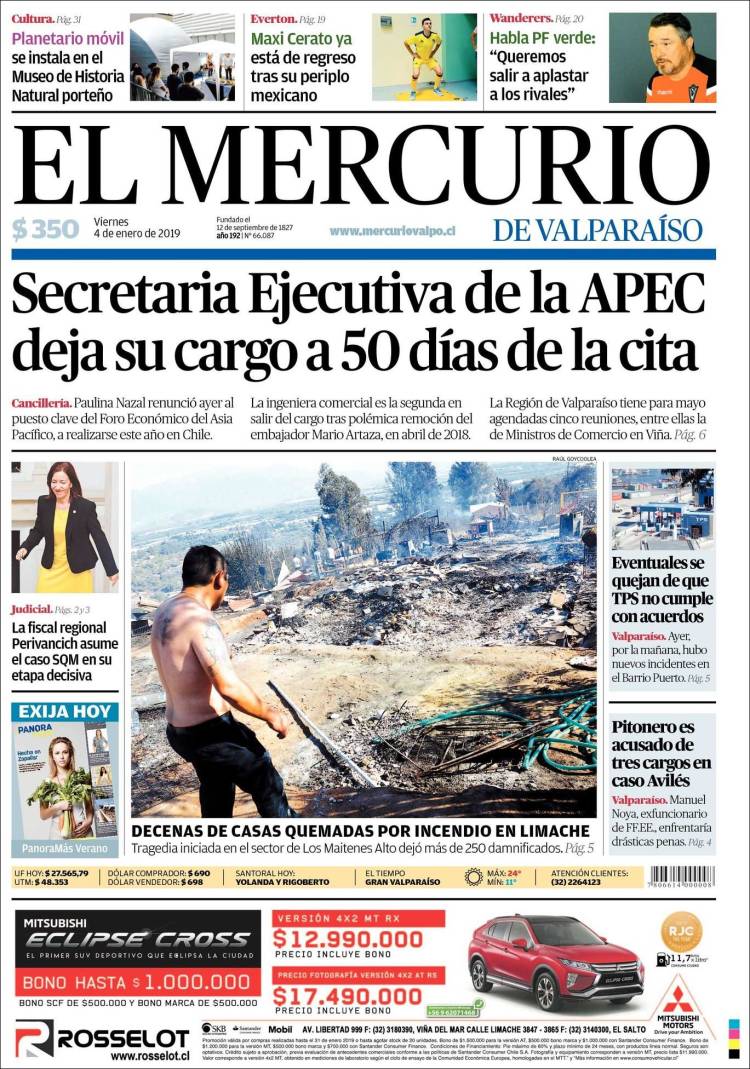 Portada de Mercurio de Valparaiso (Chile)
