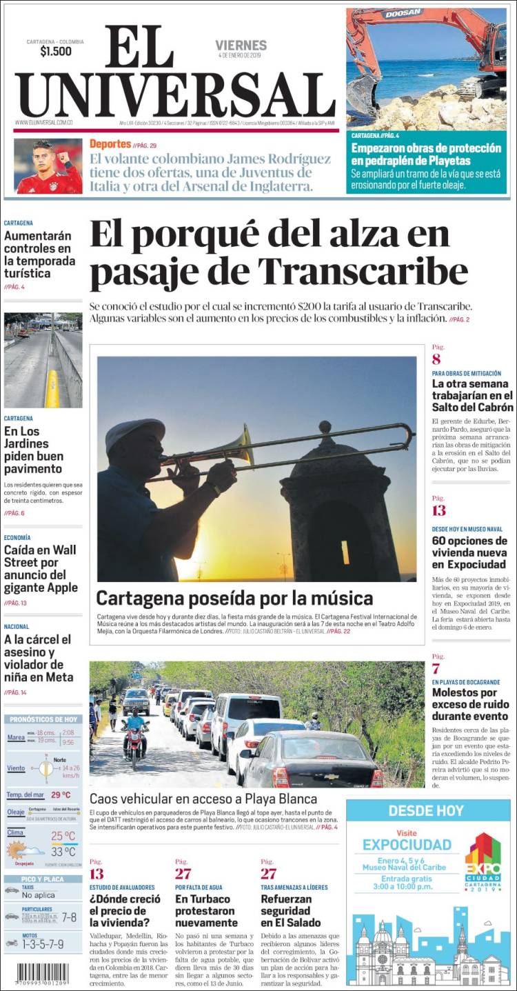Portada de El Universal (Colombia)