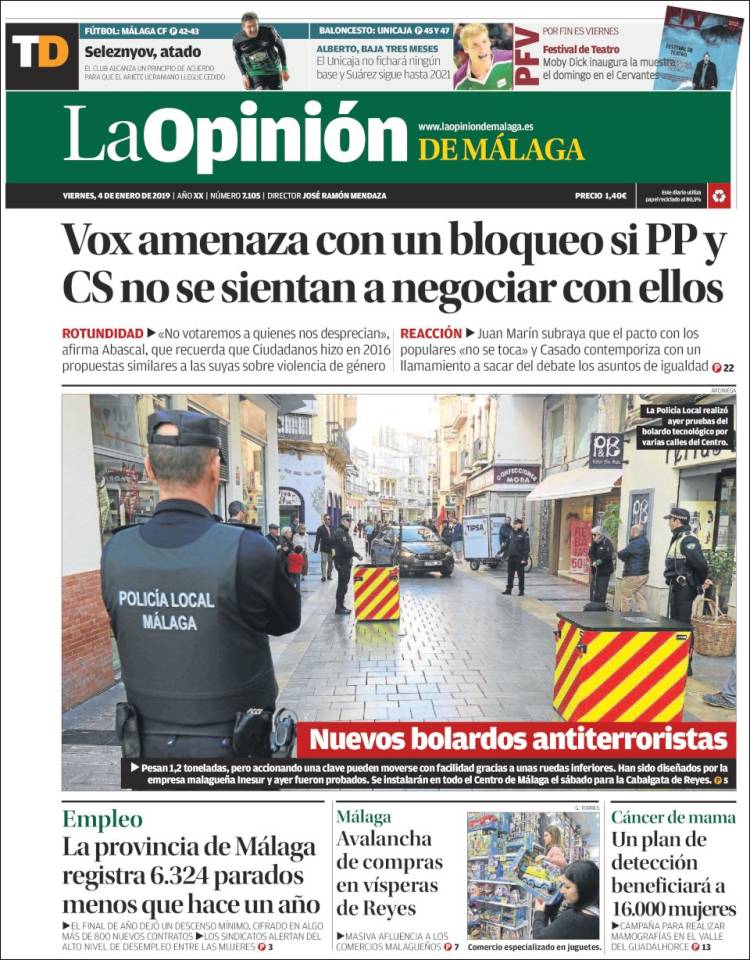 Portada de La Opinión de Málaga (España)