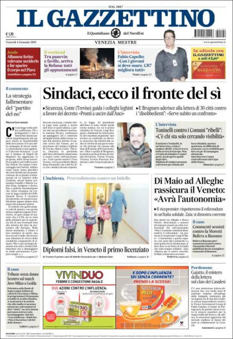 Portada de Il Gazzettino (Italia)