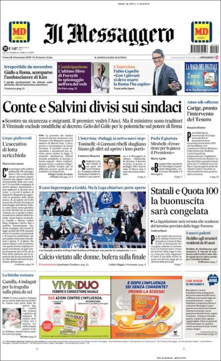 Portada de Il Messaggero (Italia)