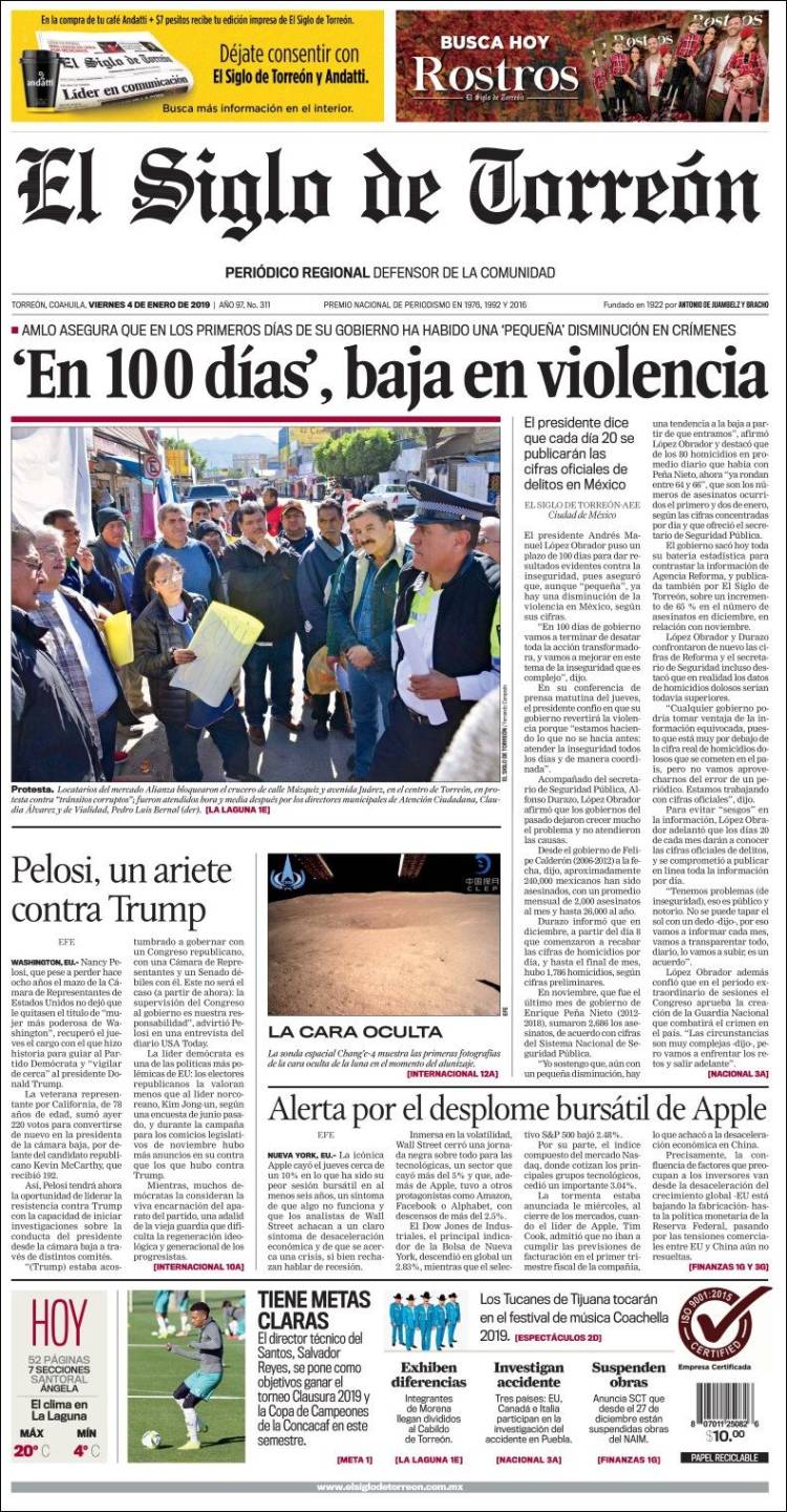 Portada de El Siglo de Torreon (M&eacute;xico)