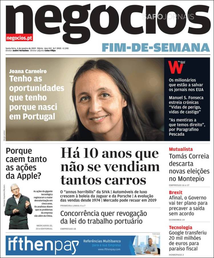 Portada de Jornal de Negócios (Portugal)
