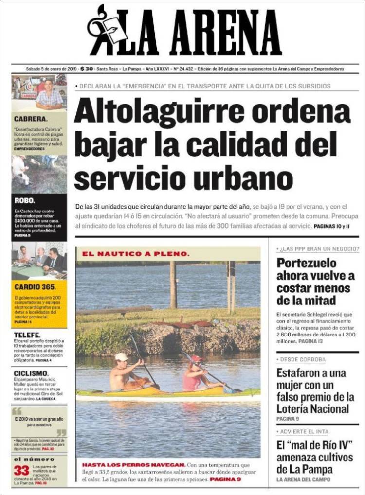 Portada de Diario La Arena (Argentina)