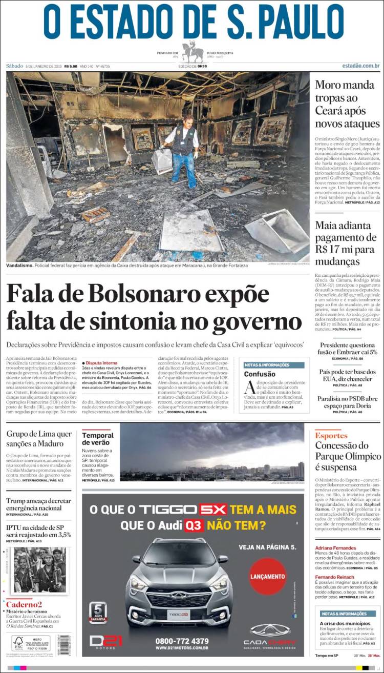 Portada de O Estado de São Paulo (Brasil)