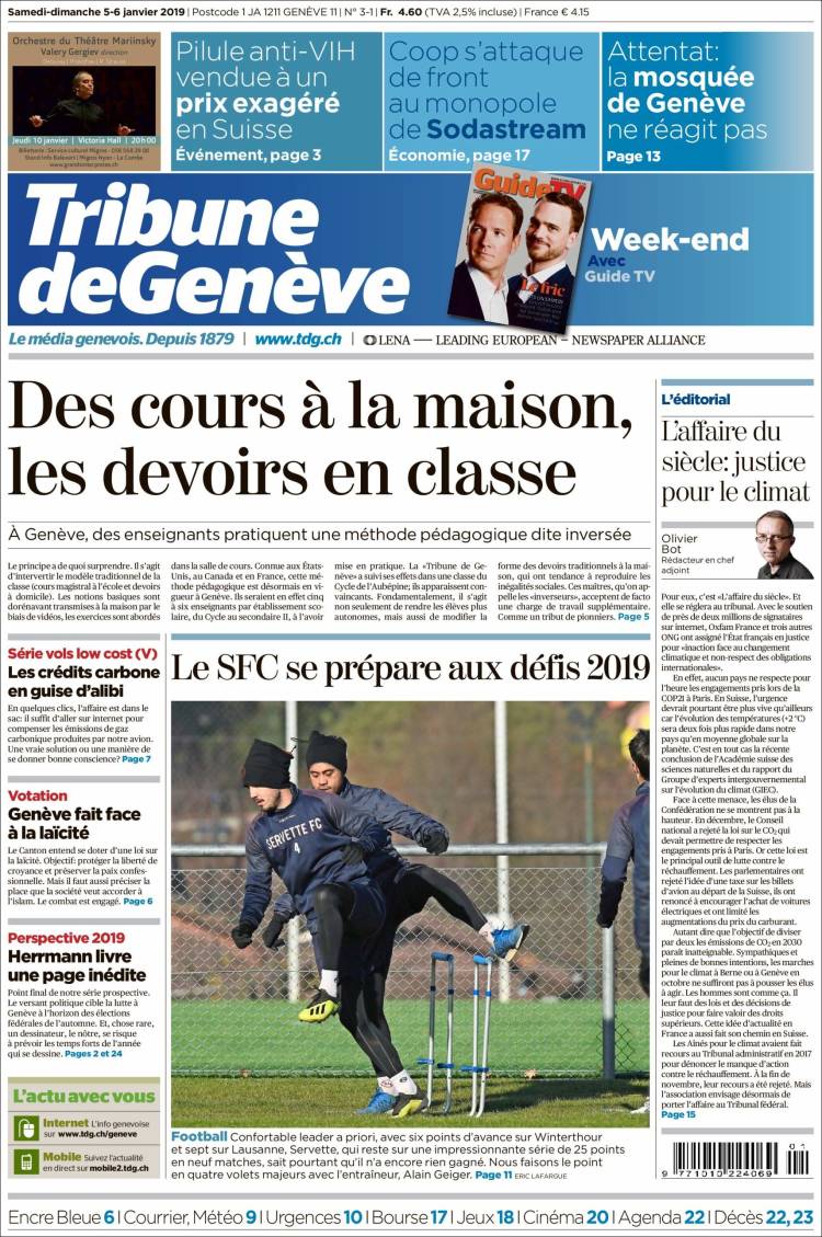Portada de La Tribune de Genève (Suiza)