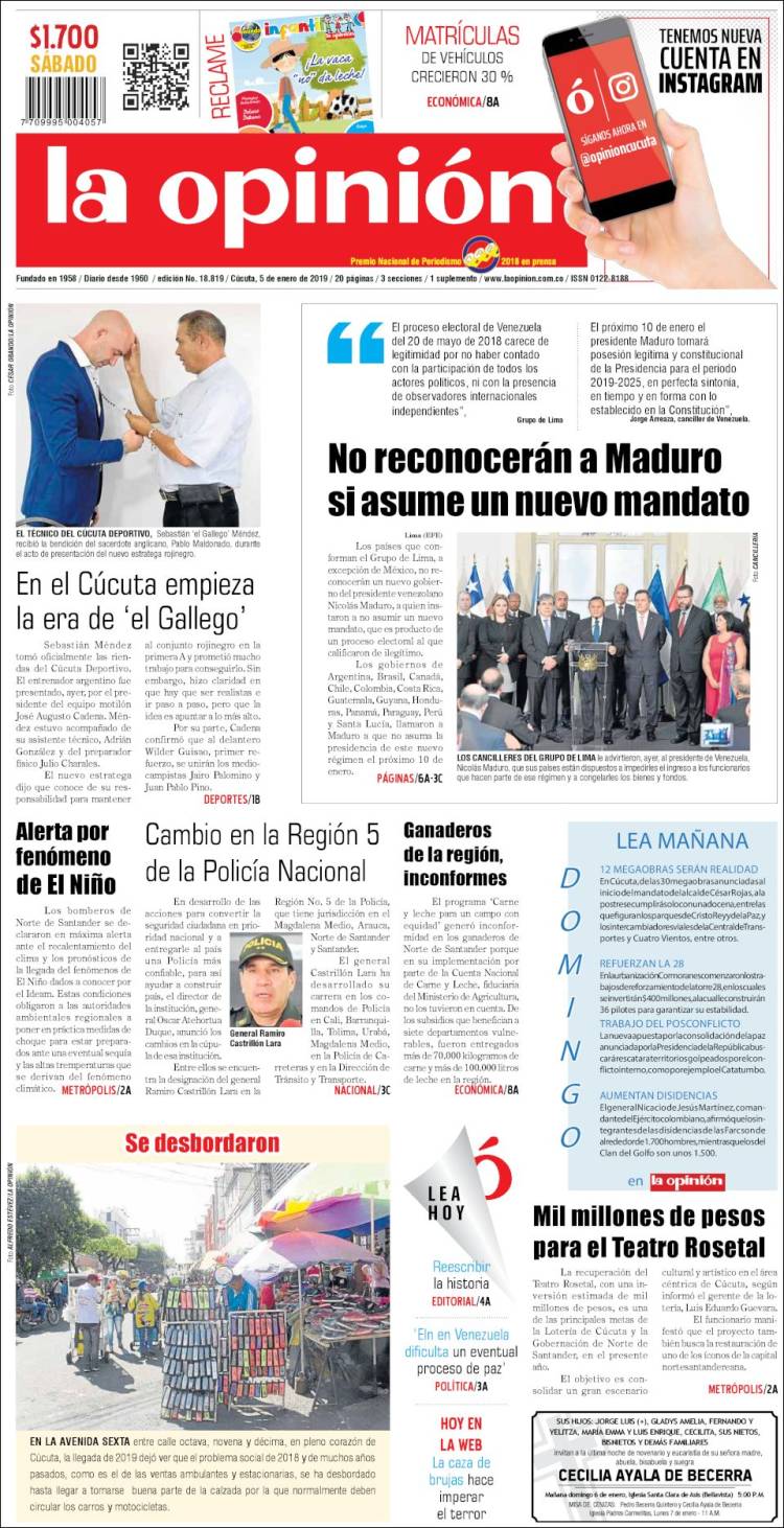 Portada de Diario La Opinion (Colombia)