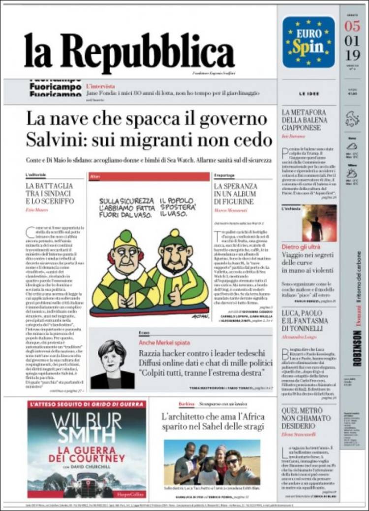 Portada de La Repubblica (Italia)