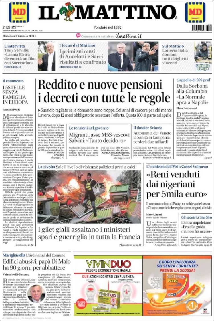 Portada de Il Mattino (Italia)