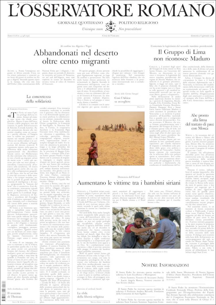 Portada de L'Osservatore Romano (Italia)
