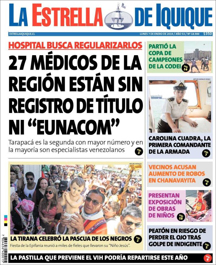 Portada de La Estrella de Iquique (Chile)