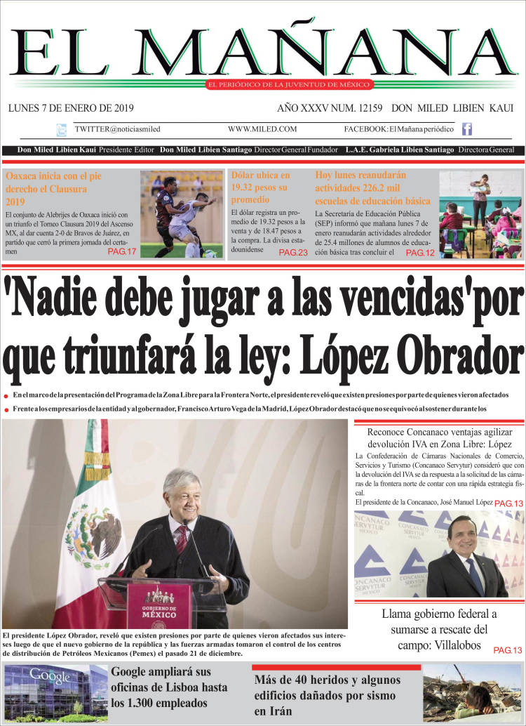 Portada de El Mañana de Toluca (México)