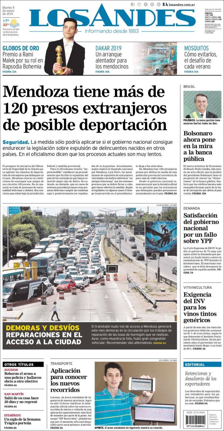 Portada de Los Andes - Mendoza (Argentina)