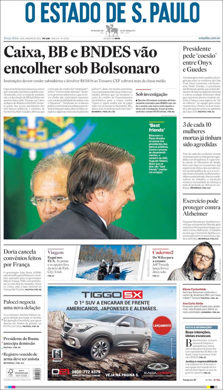 Portada de O Estado de São Paulo (Brasil)