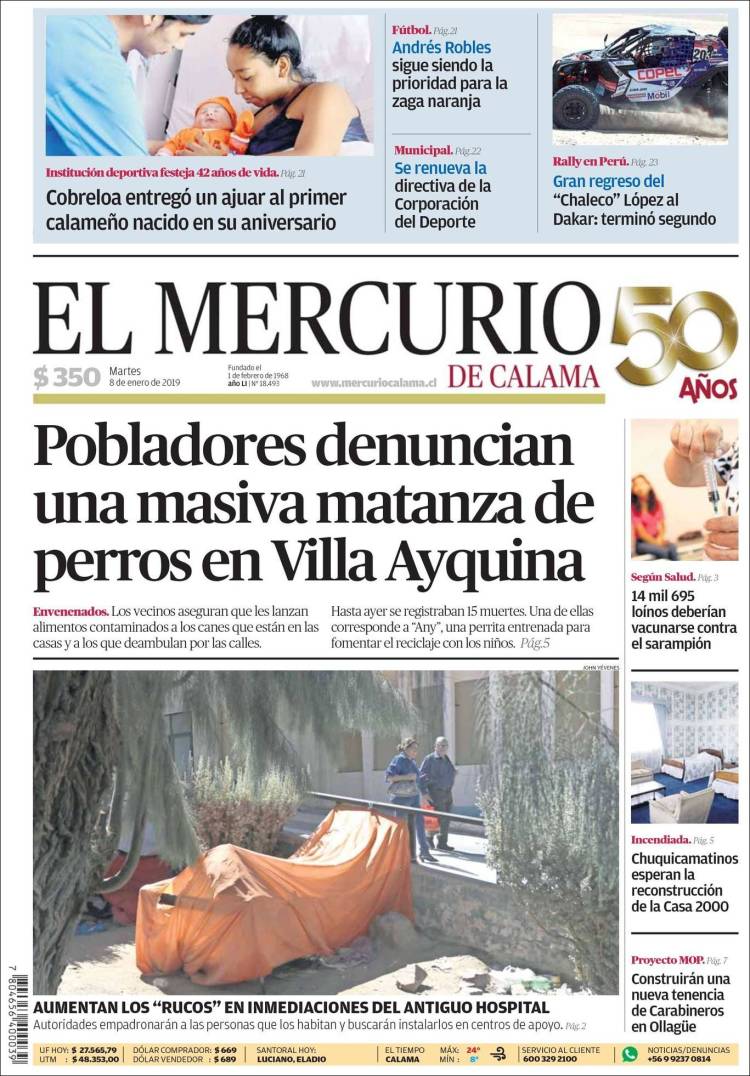 Portada de El Mercurio - Calama (Chile)