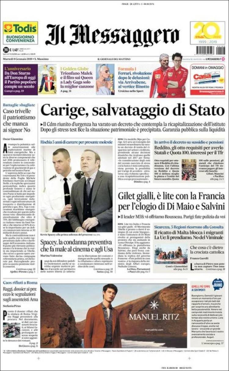 Portada de Il Messaggero (Italia)