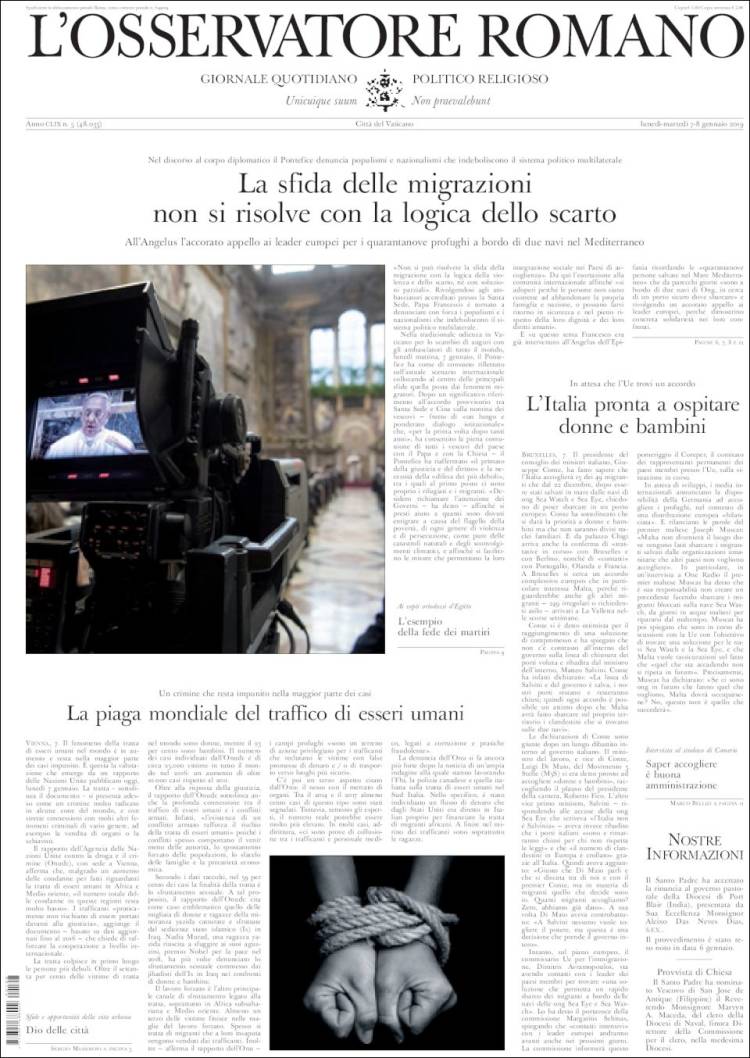 Portada de L'Osservatore Romano (Italia)