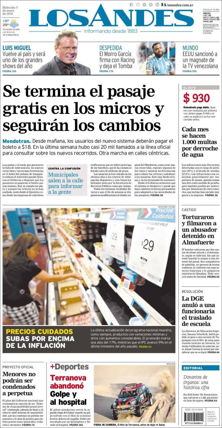 Portada de Los Andes - Mendoza (Argentina)