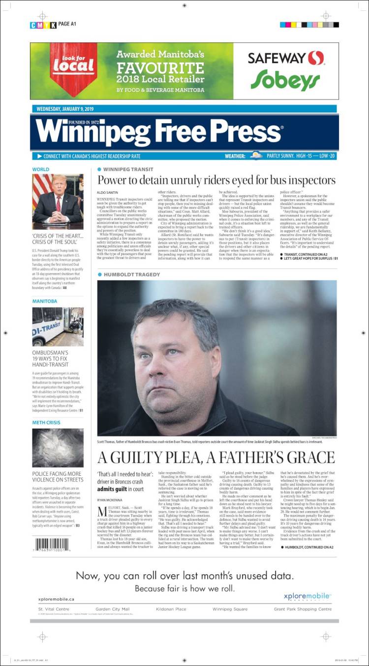 Portada de Winnipeg Free Press (Canada)