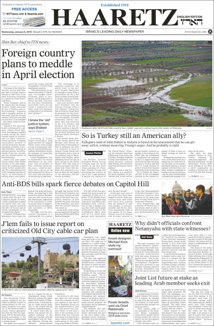 Portada de Haaretz (Israel)